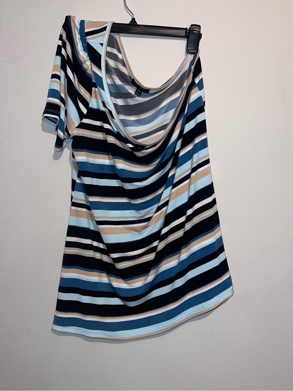 Lane Bryant Blue, Black & Tan Striped One Shoulder Top 14/16
